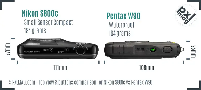 Nikon S800c vs Pentax W90 top view buttons comparison