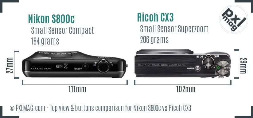 Nikon S800c vs Ricoh CX3 top view buttons comparison Nikon S800c vs Ricoh CX3 top view buttons comparison