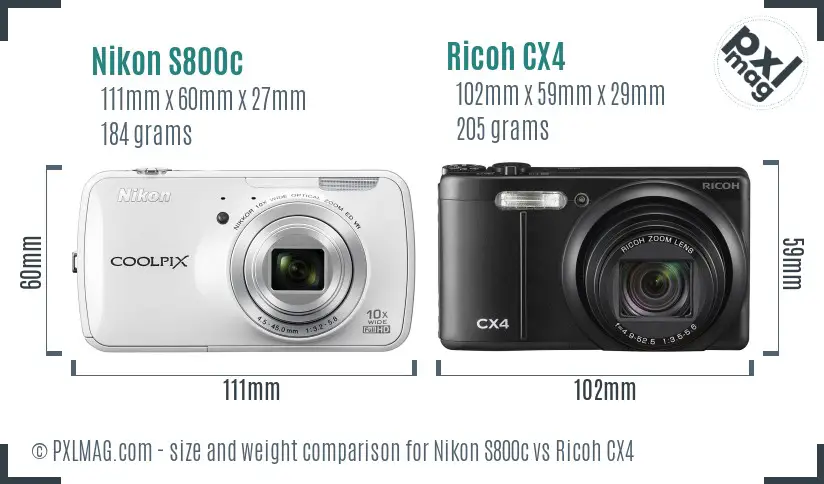 Nikon S800c vs Ricoh CX4 size comparison