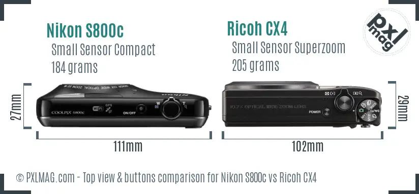 Nikon S800c vs Ricoh CX4 top view buttons comparison