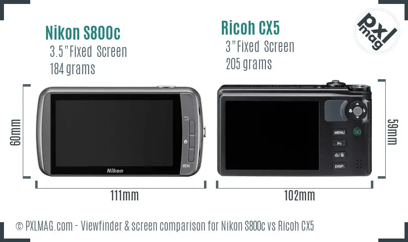 Nikon S800c vs Ricoh CX5 Screen and Viewfinder comparison