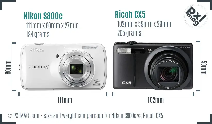 Nikon S800c vs Ricoh CX5 size comparison