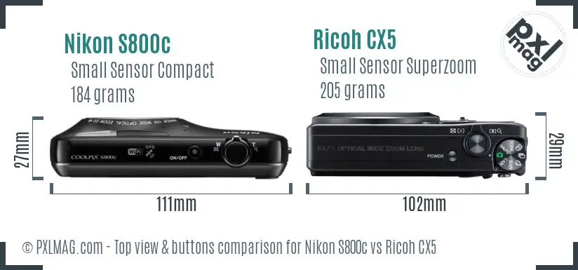 Nikon S800c vs Ricoh CX5 top view buttons comparison