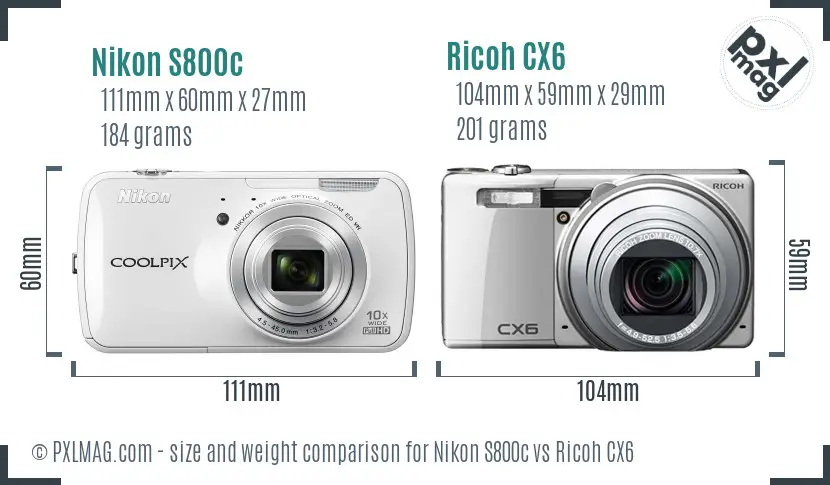 Nikon S800c vs Ricoh CX6 size comparison