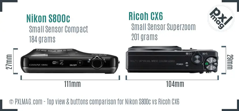 Nikon S800c vs Ricoh CX6 top view buttons comparison