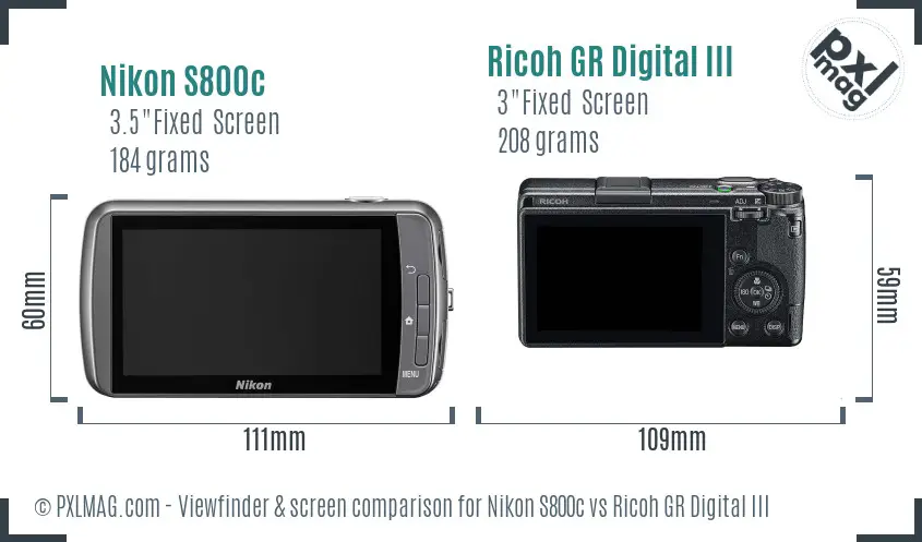 Nikon S800c vs Ricoh GR Digital III Screen and Viewfinder comparison