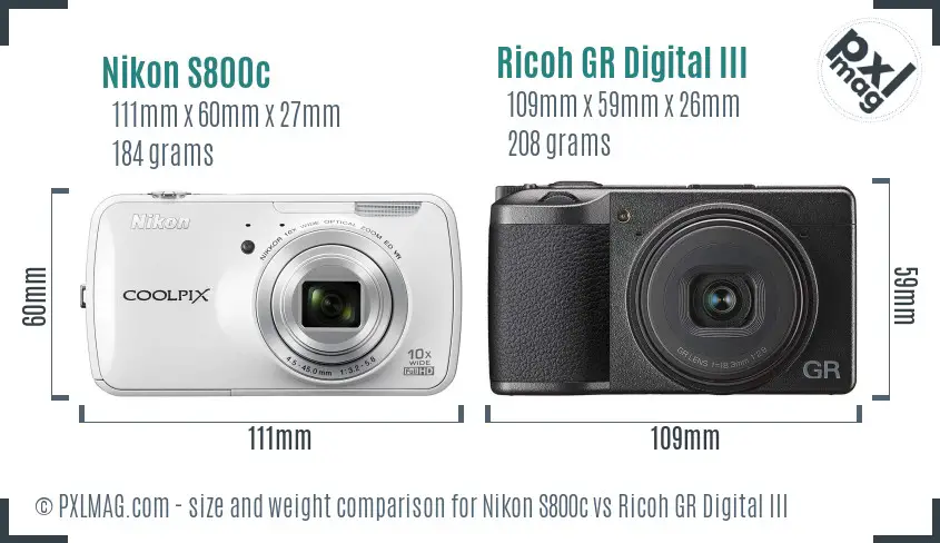 Nikon S800c vs Ricoh GR Digital III size comparison