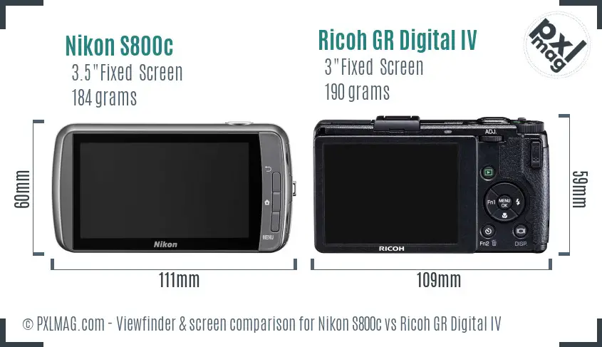 Nikon S800c vs Ricoh GR Digital IV Screen and Viewfinder comparison