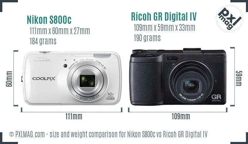 Nikon S800c vs Ricoh GR Digital IV size comparison