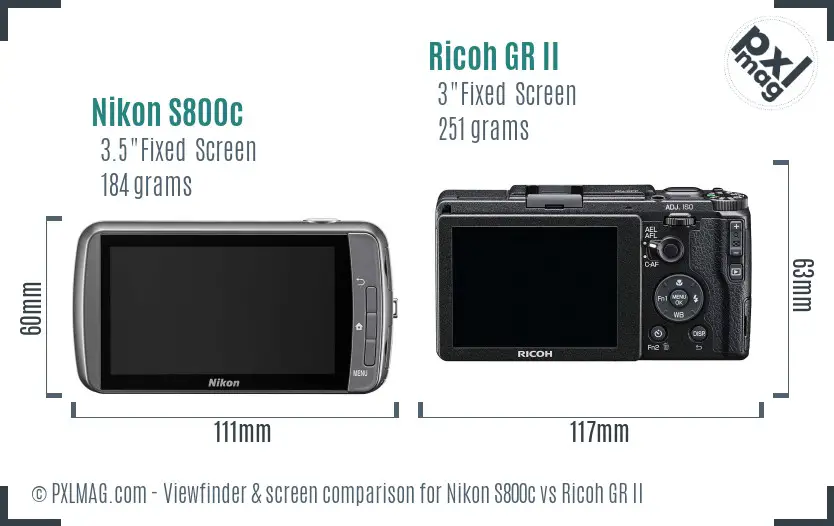 Nikon S800c vs Ricoh GR II Screen and Viewfinder comparison
