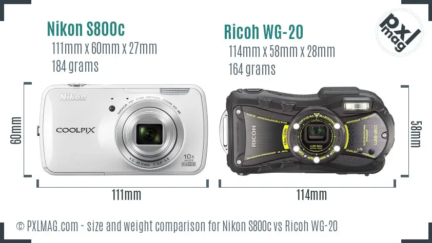 Nikon S800c vs Ricoh WG-20 size comparison