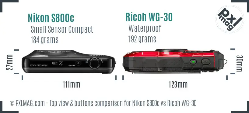 Nikon S800c vs Ricoh WG-30 top view buttons comparison Nikon S800c vs Ricoh WG-30 top view buttons comparison