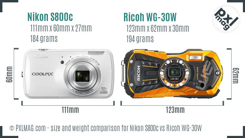 Nikon S800c vs Ricoh WG-30W size comparison