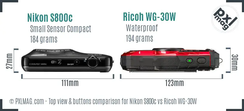 Nikon S800c vs Ricoh WG-30W top view buttons comparison