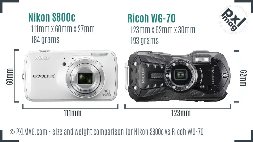 Nikon S800c vs Ricoh WG-70 size comparison