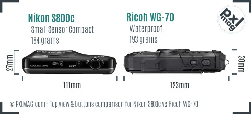 Nikon S800c vs Ricoh WG-70 top view buttons comparison