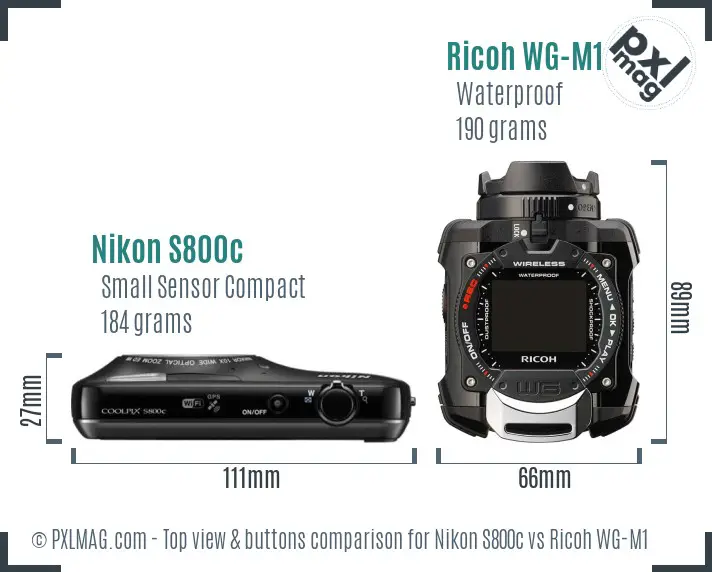 Nikon S800c vs Ricoh WG-M1 top view buttons comparison