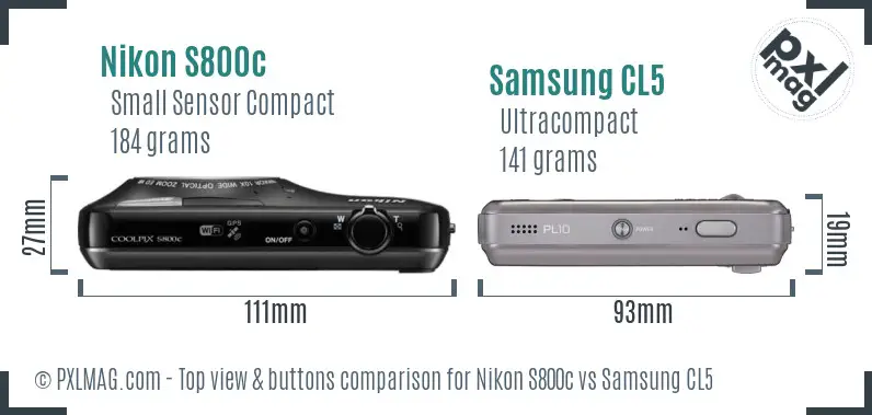 Nikon S800c vs Samsung CL5 top view buttons comparison