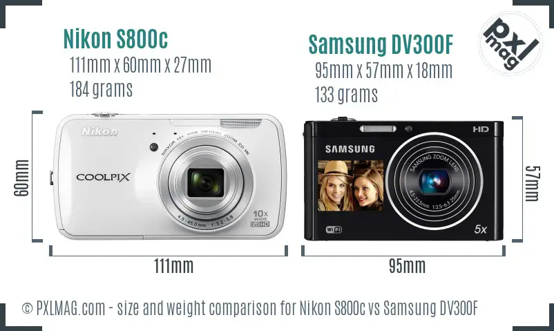 Nikon S800c vs Samsung DV300F size comparison