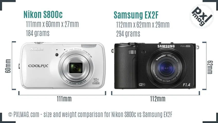 Nikon S800c vs Samsung EX2F size comparison