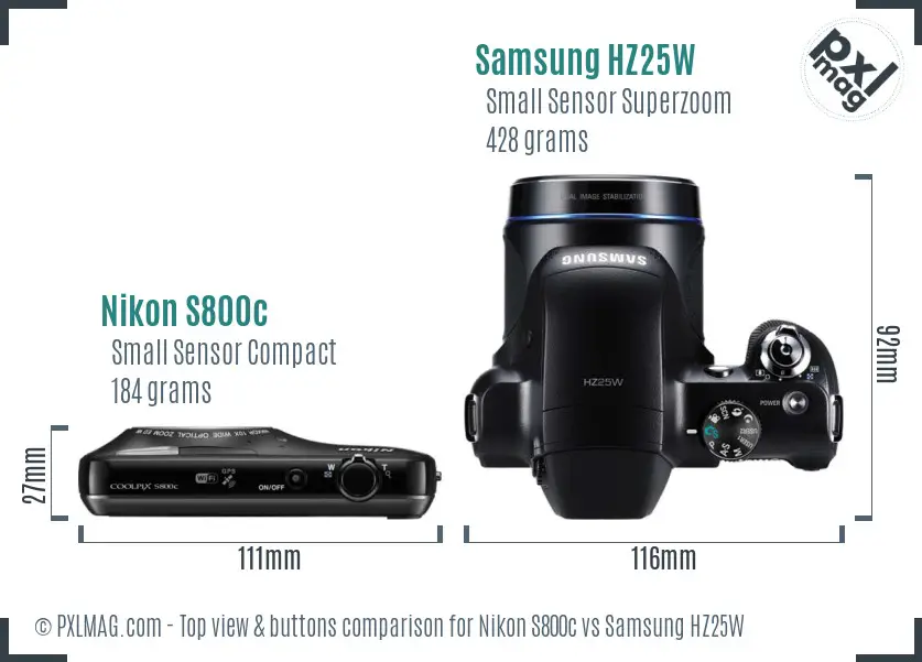 Nikon S800c vs Samsung HZ25W top view buttons comparison Nikon S800c vs Samsung HZ25W top view buttons comparison