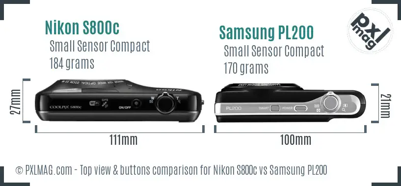 Nikon S800c vs Samsung PL200 top view buttons comparison