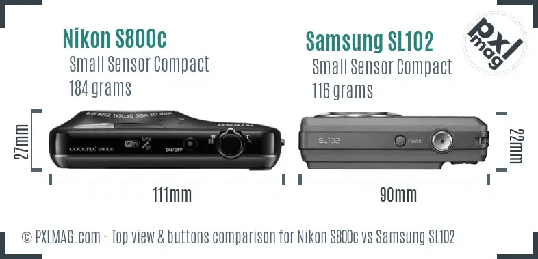 Nikon S800c vs Samsung SL102 top view buttons comparison