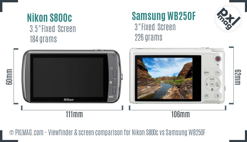 Nikon S800c vs Samsung WB250F Screen and Viewfinder comparison