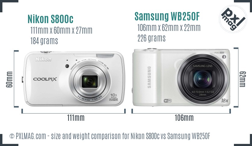 Nikon S800c vs Samsung WB250F size comparison