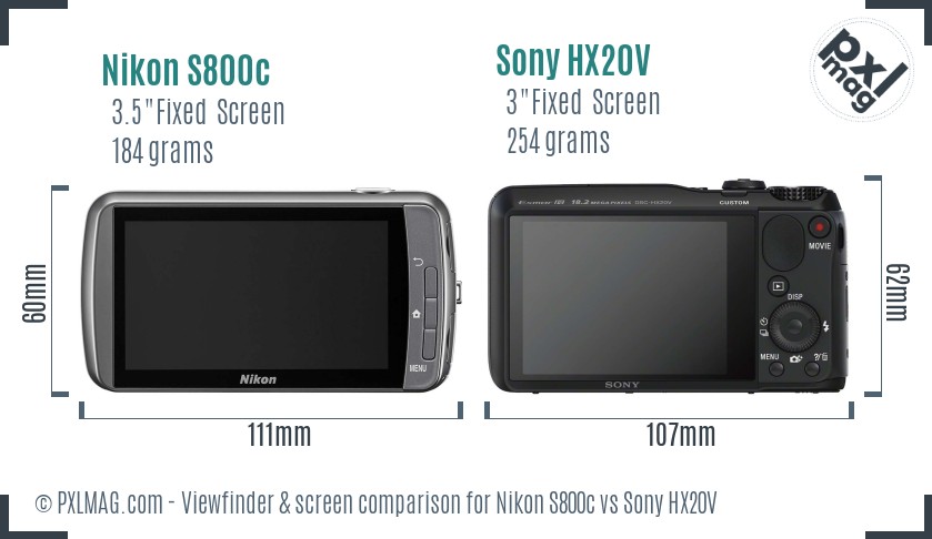 Nikon S800c vs Sony HX20V Screen and Viewfinder comparison