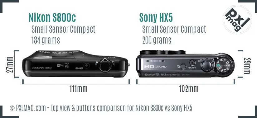 Nikon S800c vs Sony HX5 top view buttons comparison Nikon S800c vs Sony HX5 top view buttons comparison