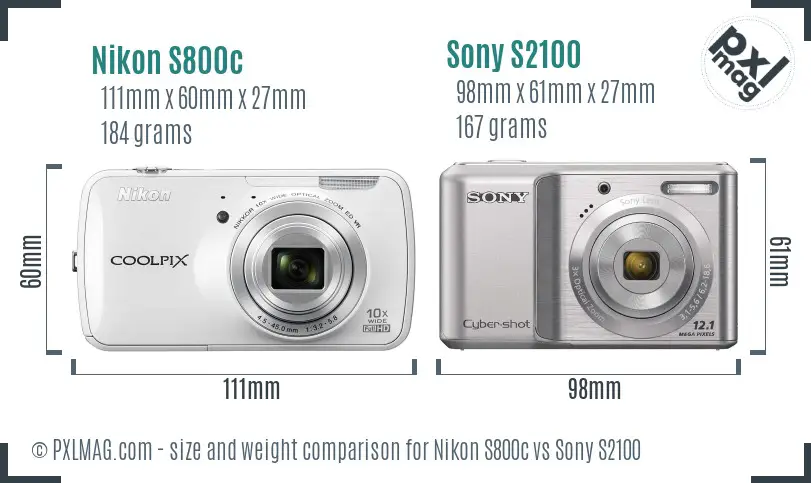 Nikon S800c vs Sony S2100 size comparison