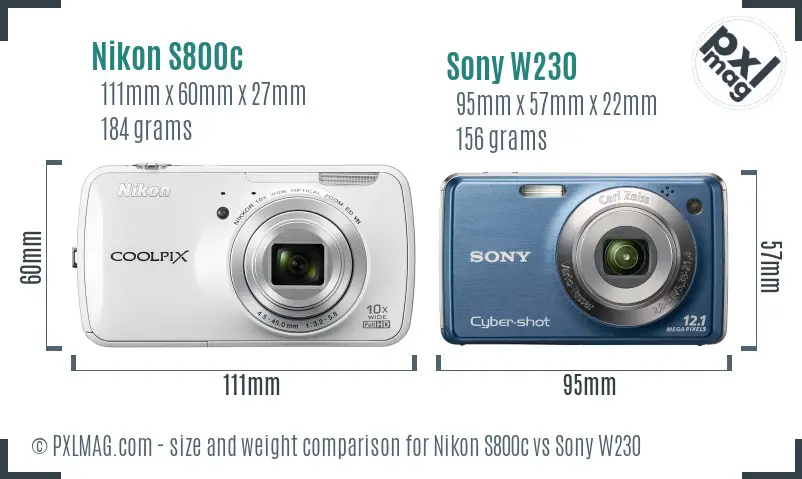 Nikon S800c vs Sony W230 size comparison