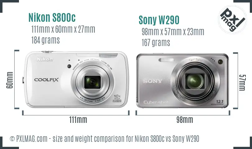 Nikon S800c vs Sony W290 size comparison