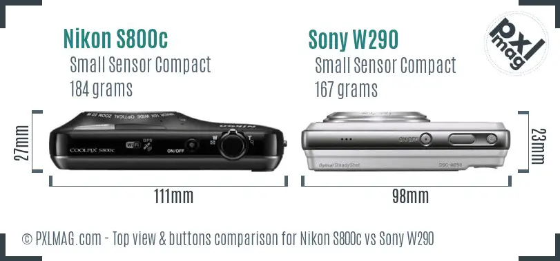 Nikon S800c vs Sony W290 top view buttons comparison