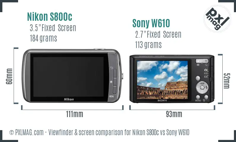 Nikon S800c vs Sony W610 Screen and Viewfinder comparison