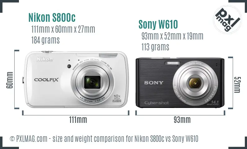 Nikon S800c vs Sony W610 size comparison