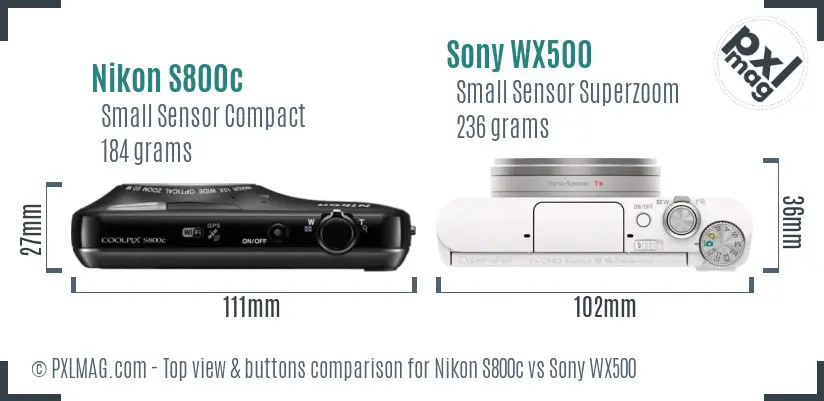 Nikon S800c vs Sony WX500 top view buttons comparison Nikon S800c vs Sony WX500 top view buttons comparison