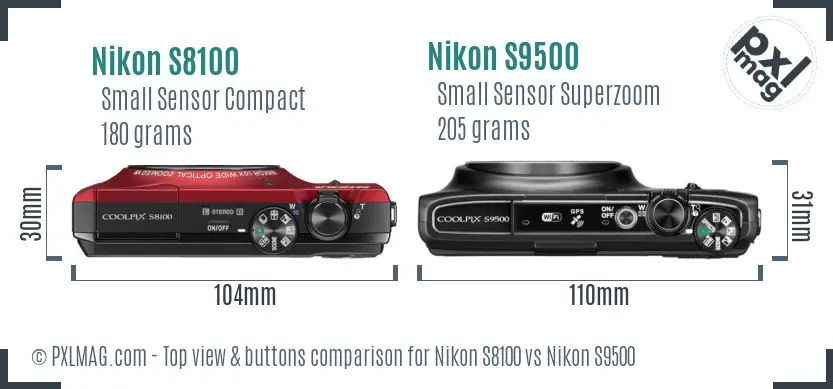 Nikon S8100 vs Nikon S9500 top view buttons comparison