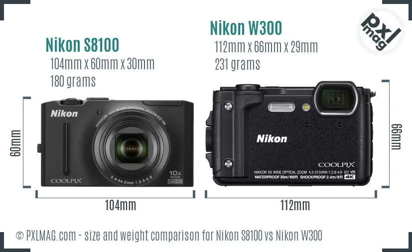 Nikon S8100 vs Nikon W300 size comparison