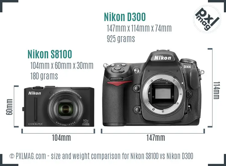 Nikon S8100 vs Nikon D300 size comparison