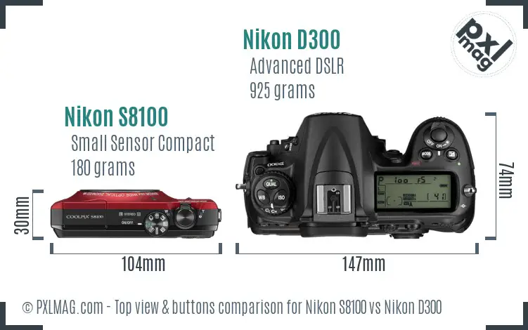 Nikon S8100 vs Nikon D300 top view buttons comparison