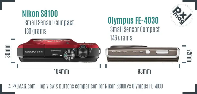 Nikon S8100 vs Olympus FE-4030 top view buttons comparison Nikon S8100 vs Olympus FE-4030 top view buttons comparison