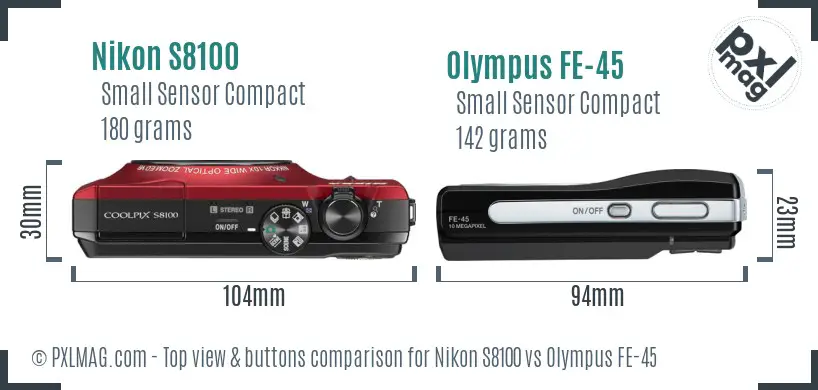 Nikon S8100 vs Olympus FE-45 top view buttons comparison Nikon S8100 vs Olympus FE-45 top view buttons comparison