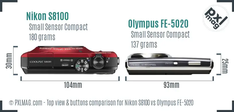 Nikon S8100 vs Olympus FE-5020 top view buttons comparison Nikon S8100 vs Olympus FE-5020 top view buttons comparison