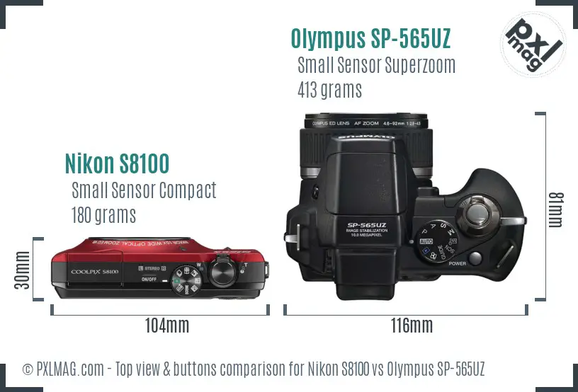 Nikon S8100 vs Olympus SP-565UZ top view buttons comparison