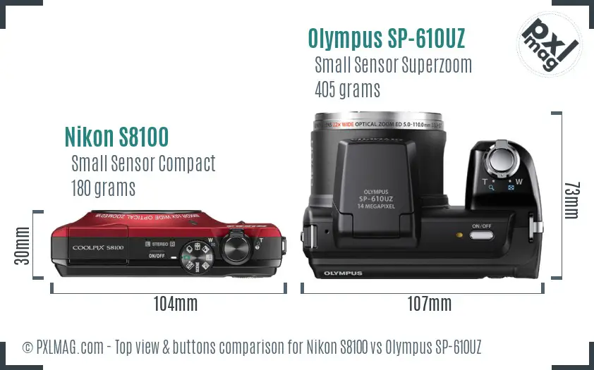 Nikon S8100 vs Olympus SP-610UZ top view buttons comparison