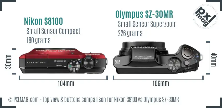 Nikon S8100 vs Olympus SZ-30MR top view buttons comparison Nikon S8100 vs Olympus SZ-30MR top view buttons comparison