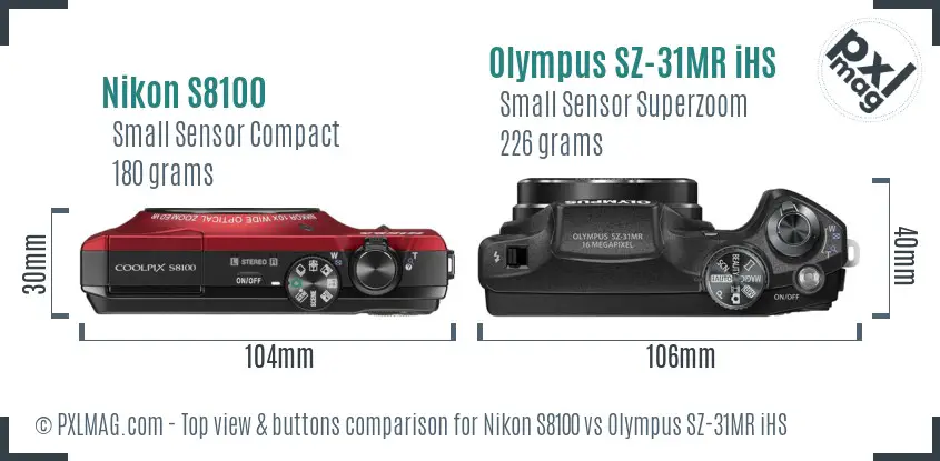 Nikon S8100 vs Olympus SZ-31MR iHS top view buttons comparison Nikon S8100 vs Olympus SZ-31MR iHS top view buttons comparison
