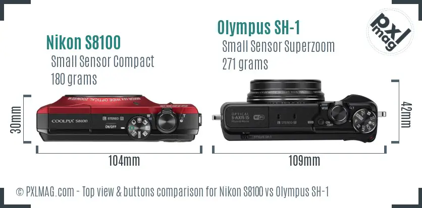 Nikon S8100 vs Olympus SH-1 top view buttons comparison